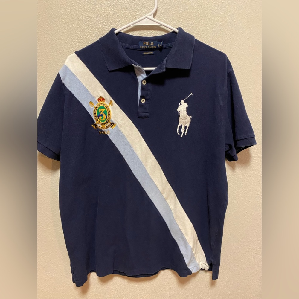 New mens large blue and strip color polo